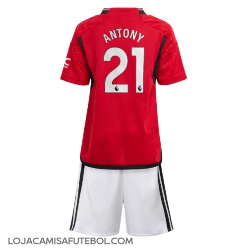 Camisa de Futebol Manchester United Antony #21 Equipamento Principal Infantil 2023-24 Manga Curta (+ Calças curtas)